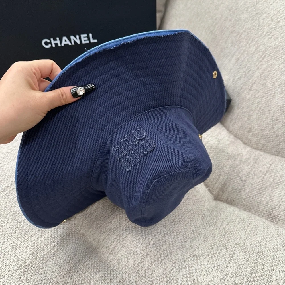 Miu Miu Navy Blue Embroidered Wide Brim Bucket Hat